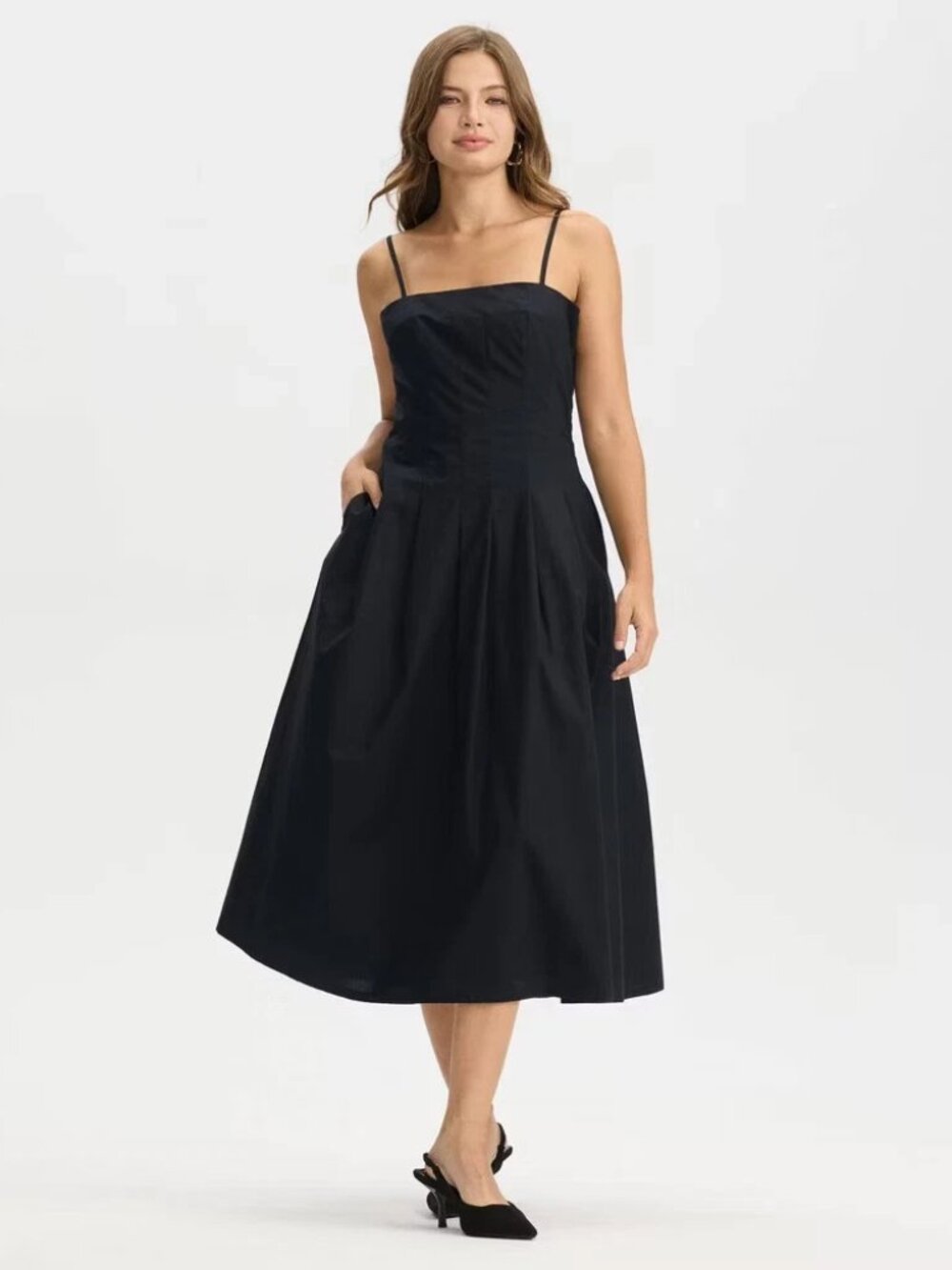 Sleeveless Paneled A-Line Midi Dress Women's Small Black 100% Cotton Fit & Flare